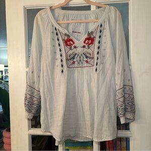 Johnny Was White Blouse with Red and Blue Embroidery